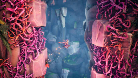 HD desktop wallpaper from the video game Tales Of Kenzera: Zau featuring a fantastical cavern environment with vibrant pink vegetation.