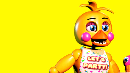 Bright 8K Ultra HD Five Nights at Freddy's 2 wallpaper featuring the animatronic character Chica against a vivid yellow background for PC desktop use.