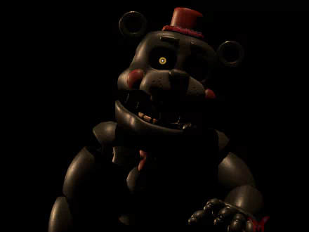 A dark, eerie 4K Ultra HD wallpaper of Freddy Fazbear from Freddy Fazbear's Pizzeria Simulator, Five Nights at Freddy's, glowing eyes and shadowed features set against black.
