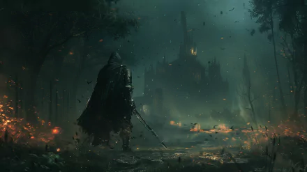 HD desktop wallpaper featuring a scene from Dark Souls III with a lone figure in a cloak standing on a forest path, a large sword in hand, looking towards a distant, imposing castle amidst an eerie, mist-laden landscape.
