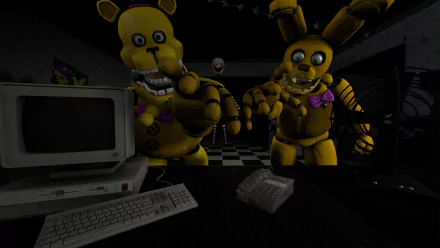 HD PC desktop wallpaper featuring animatronic characters from Five Nights At Freddy's 2 in a dark, eerie office setting.