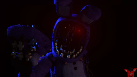 Dark, eerie Five Nights at Freddy's 2 animatronic with glowing red eyes set against a black background, rendered in 4K Ultra HD for a PC desktop wallpaper.