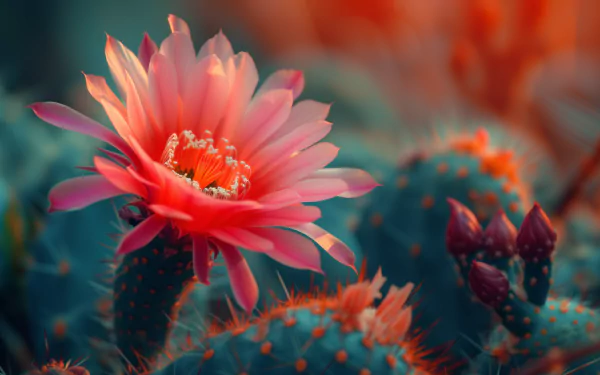 Vibrant pink prickly pear cactus flower blooming, surrounded by the thorny pads of the cactus, in a HD nature desktop wallpaper background.