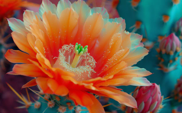 Bright orange cactus flower blooming on a prickly pear cactus, HD wallpaper background.