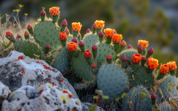 HD wallpaper featuring a vibrant prickly pear cactus with blooming orange flowers, perfect for a nature-themed desktop background.