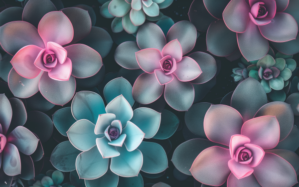 HD wallpaper featuring a collection of succulent plants with vibrant pink and teal hues for a desktop background.