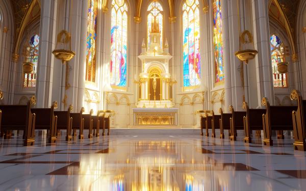 Elegant church interior with golden altar and vibrant stained glass windows, showcasing stunning religious architecture suitable for HD faith-themed desktop wallpaper and background.