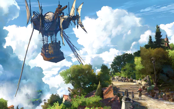 HD wallpaper from the video game Granblue Fantasy: Relink featuring an airship flying over a vibrant, cloud-kissed landscape.
