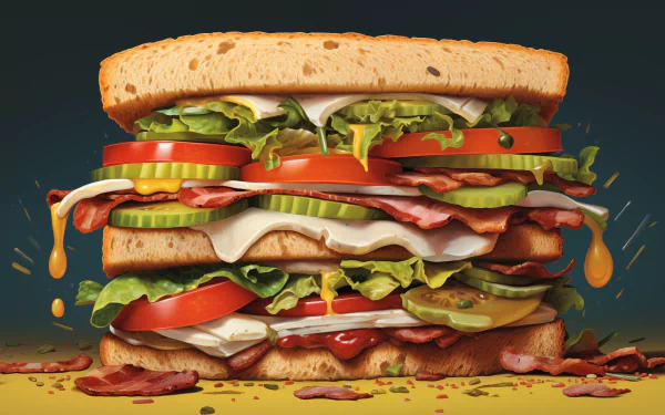 HD desktop wallpaper featuring a detailed image of a loaded panini with layers of vegetables, meats, and sauce on a vibrant background.