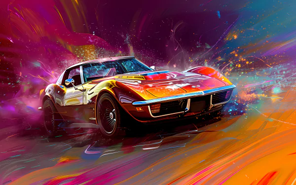 Vibrant HD desktop wallpaper featuring a Chevrolet Corvette Stingray with a dynamic color splash background.