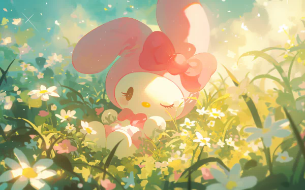 My Melody from Onegai My Melody relaxes in a vibrant field filled with flowers, surrounded by soft light, creating a charming HD desktop wallpaper and background.