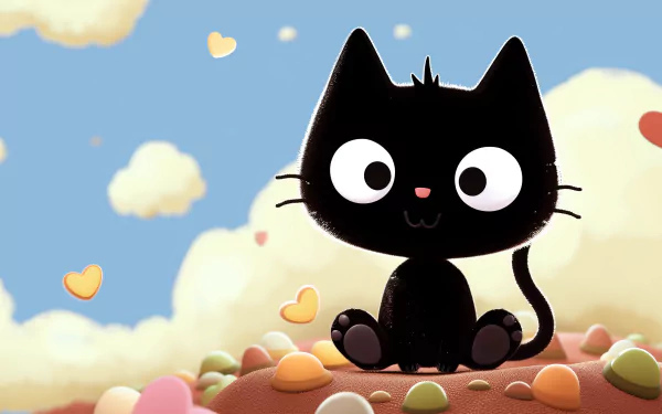 HD desktop wallpaper featuring Chococat, the adorable black cat character from Sanrio, surrounded by colorful candies and heart-shaped clouds.
