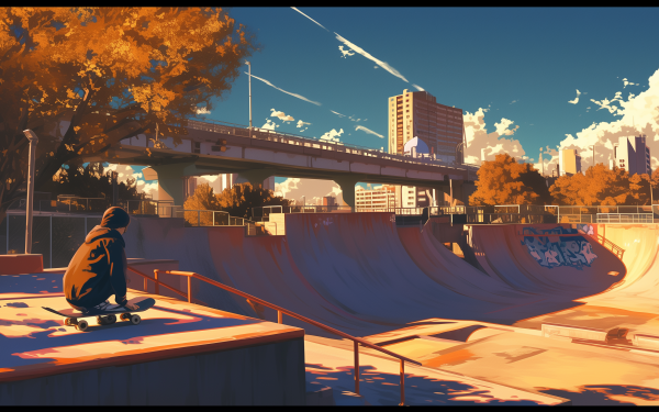 Skateboarder silhouette at sunrise in skate park HD desktop wallpaper.
