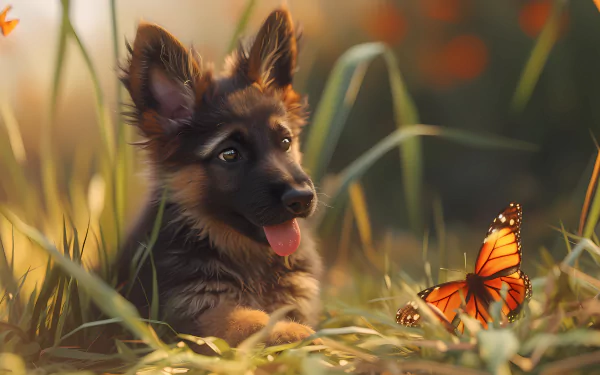 A cute German Shepherd puppy joyfully watches a butterfly in a sunlit grassy field, creating a delightful HD desktop wallpaper scene.