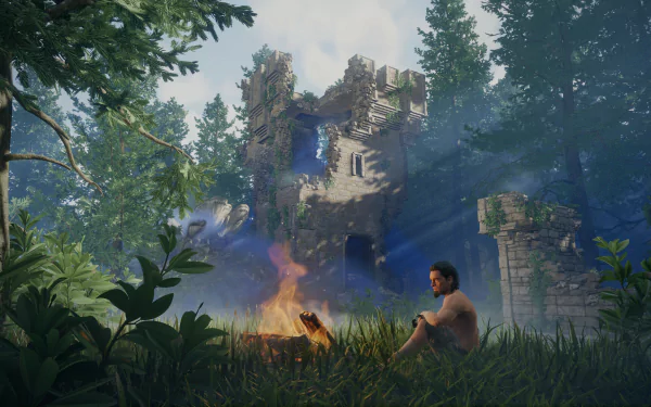 Enshrouded video game HD wallpaper featuring a serene campfire scene with a character sitting amidst lush greenery and ancient ruins in the background.