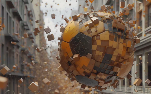 HD wallpaper of a 3D soccer ball with exploding fragments on a city street background.