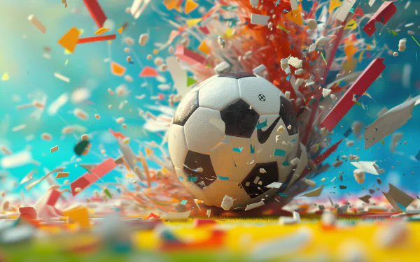 HD desktop wallpaper featuring an exploding soccer ball amidst a colorful confetti burst.