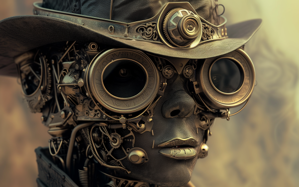 Steampunk-inspired portrait wallpaper featuring an individual with intricate mechanical facial details and goggles.