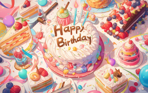 Colorful Happy Birthday cake illustration with sweets and balloons, perfect for HD desktop wallpaper and background.