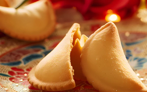 HD desktop wallpaper featuring a close-up of a cracked fortune cookie on a decorative table, illuminated by soft, ambient lighting.