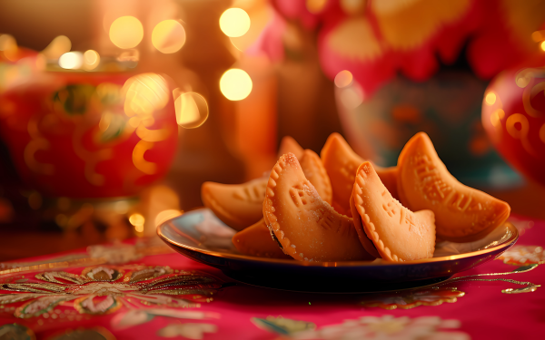 Festive HD desktop wallpaper featuring fortune cookies on a decorative table with warm, glowing lights in the background, creating a cozy and celebratory atmosphere.