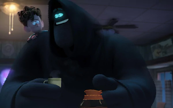 HD wallpaper featuring a scene from Orion and the Dark with a mysterious character in a hood sitting at a counter with a young boy peeking over the character's shoulder.