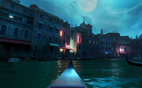 HD wallpaper of Vampire: The Masquerade - Justice video game featuring a nocturnal Venice canal scene with a full moon.
