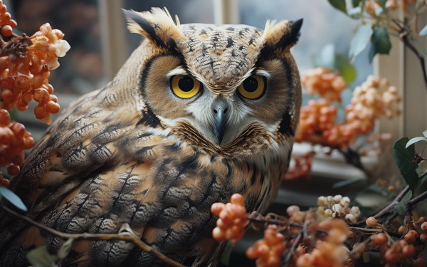 HD Wallpaper of a Great Horned Owl with Yellow Eyes among Berries - Perfect Desktop Background