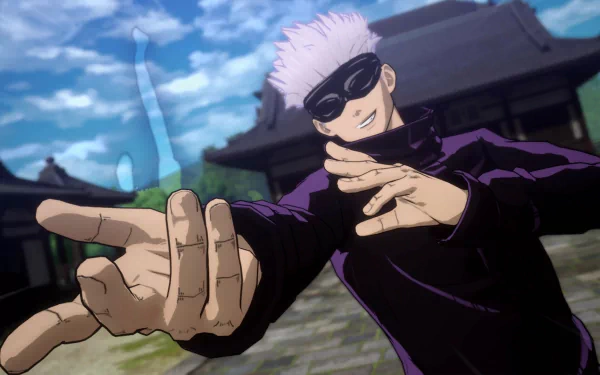 HD desktop wallpaper featuring Satoru Gojo from Jujutsu Kaisen Cursed Clash video game, posing with a confident hand gesture.