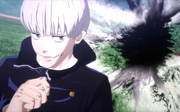 HD wallpaper of Toge Inumaki from the video game Jujutsu Kaisen Cursed Clash with a dynamic action background.