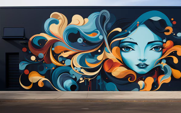 Colorful urban mural of a stylized woman's face with flowing hair as an artistic HD desktop wallpaper.