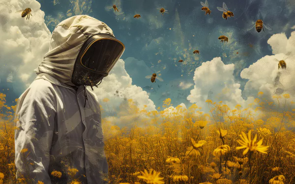 A beekeeper stands in a vibrant yellow field, surrounded by bees and under a dramatic sky, creating a striking HD desktop wallpaper and background.