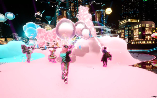 HD wallpaper featuring a vibrant Foamstars video game scene with colorful characters and urban night setting.