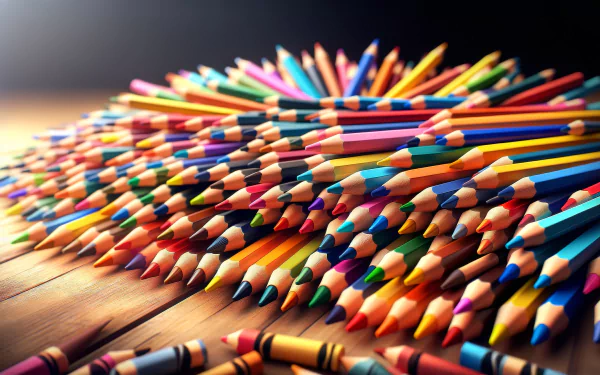 A vibrant collection of colored pencils arranged in a radiant display, showcasing a spectrum of colors against a wooden background. An engaging HD desktop wallpaper.