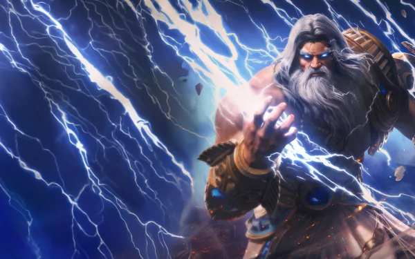HD desktop wallpaper featuring the character Zeus with dynamic lightning effects from the video game Smite 2.