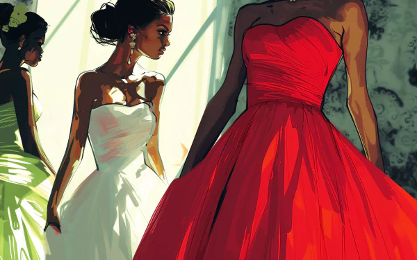 A vibrant HD wallpaper featuring elegantly designed bridesmaid dresses, showcasing a striking red gown alongside other beautiful styles in a bright, artistic setting.