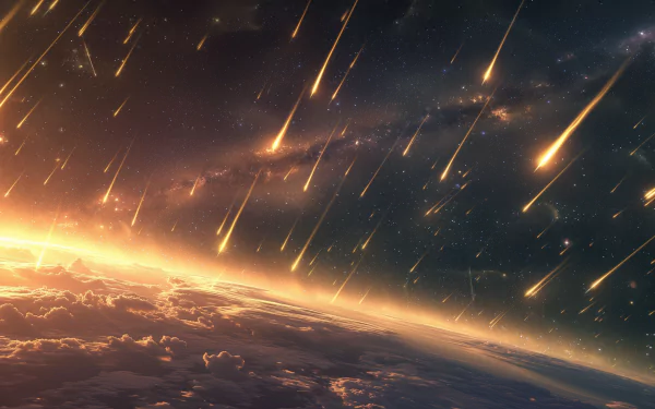 Stunning HD desktop wallpaper of meteor shower over Earth's horizon with glowing meteors streaking through the twilight sky.
