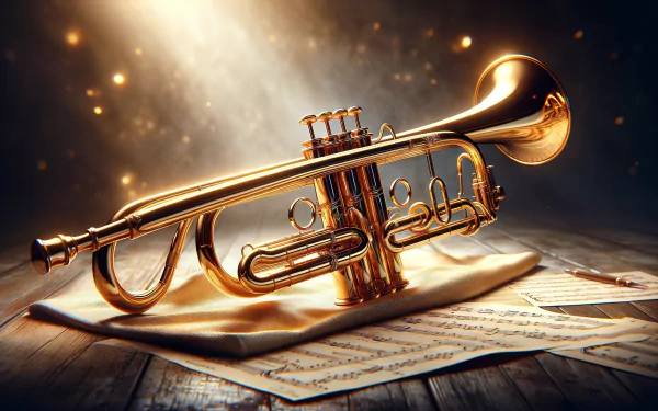 HD Wallpaper featuring a golden trumpet on sheet music with sparkling lights in the background.