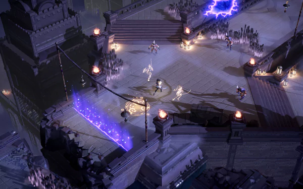 HD desktop wallpaper featuring a scene from the video game Lysfanga: The Time Shift Warrior, highlighting a warrior engaging in battle with vivid purple energy effects against a backdrop of mystical ancient ruins.