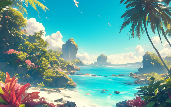 HD wallpaper of a tropical island paradise with clear blue waters, lush palm trees, and vibrant flora for desktop background.