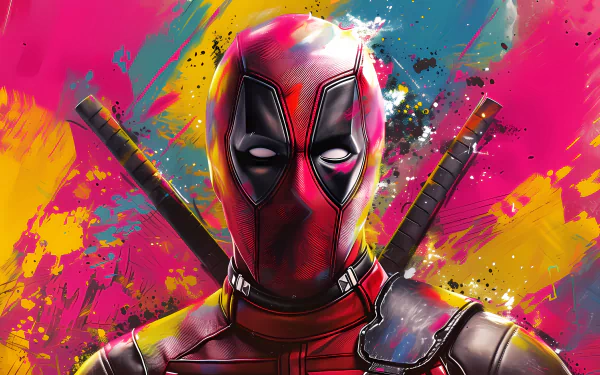 HD Deadpool fan art desktop wallpaper featuring the iconic superhero against a vibrant, colorful abstract background.