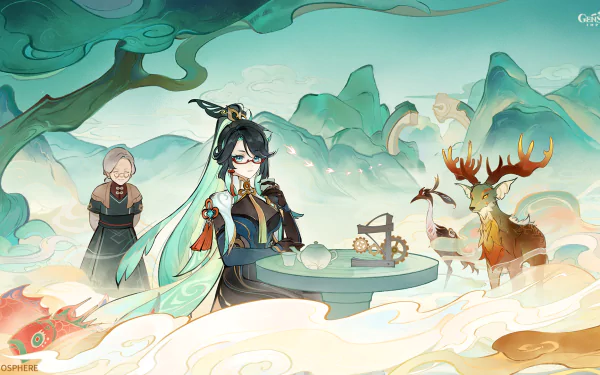 HD PC desktop wallpaper featuring Xianyun and Madame Ping from Genshin Impact in a serene, mystical landscape with mountains and fog.