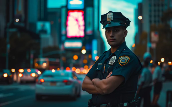 A police officer standing confidently in the city during twilight, serving as a HD desktop wallpaper.