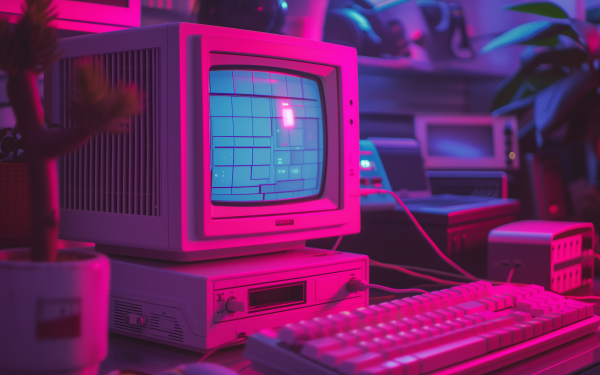 Y2K aesthetic with a vintage CRT monitor, keyboard, and plants in a neon-lit room, perfect for HD desktop wallpaper and background.