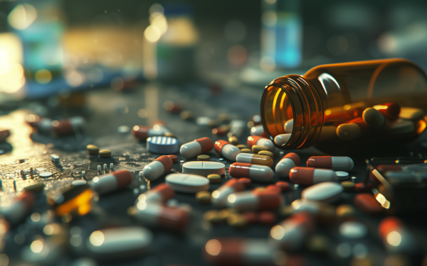 HD wallpaper featuring an assortment of scattered pills and a tipped-over medicine bottle, symbolizing healthcare and pharmaceuticals.