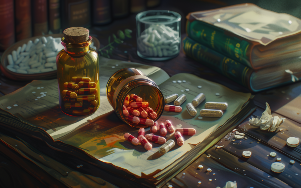 HD wallpaper featuring a collection of medicine pills scattered on an open book with more pills in glass jars and books in the background, illustrating a pharmaceutical or medical theme.