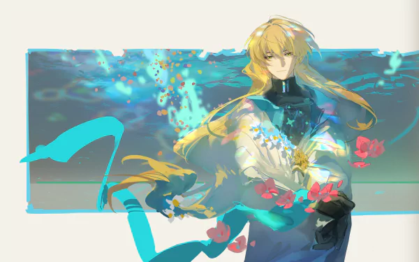 4K Ultra HD PC desktop wallpaper of Luocha from Honkai: Star Rail — golden-haired figure amid cyan energy, floating petals and abstract light.