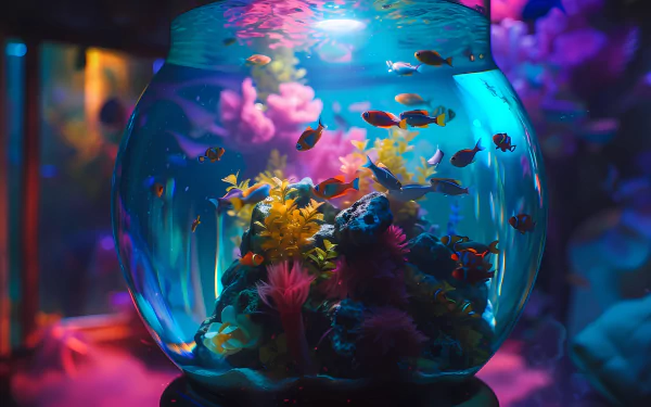 A vibrant aquarium scene featuring colorful fish swimming among lush underwater plants, enhanced by soft, glowing lighting. This HD wallpaper creates a serene and captivating backdrop.
