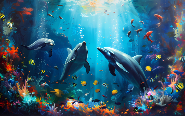 HD desktop wallpaper featuring a vibrant underwater scene with dolphins and colorful marine life in an aquarium setting, ideal for a calming background.
