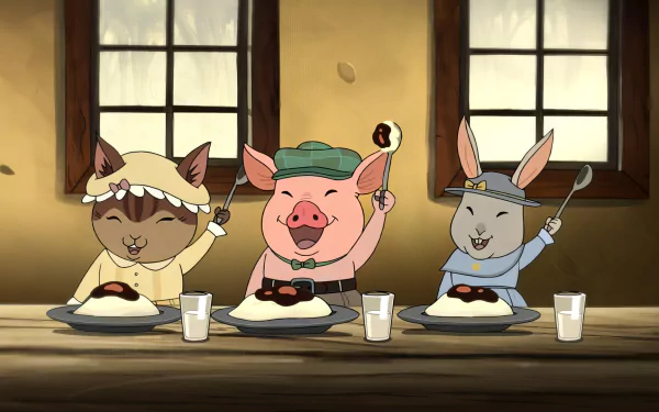 HD desktop wallpaper featuring characters from the TV show Over the Garden Wall, with a pig, cat, and rabbit enjoying a meal together.